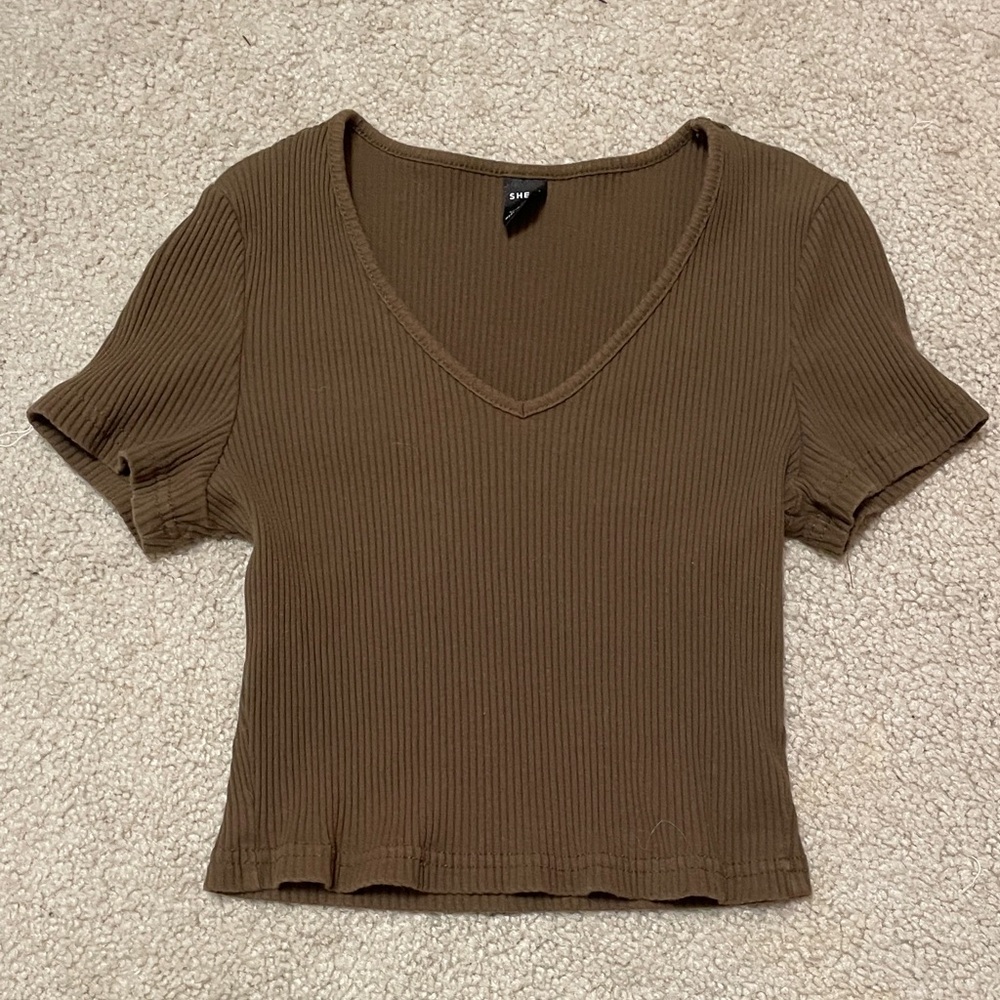 Brown/Green Ribbed V-Neck Women's Top